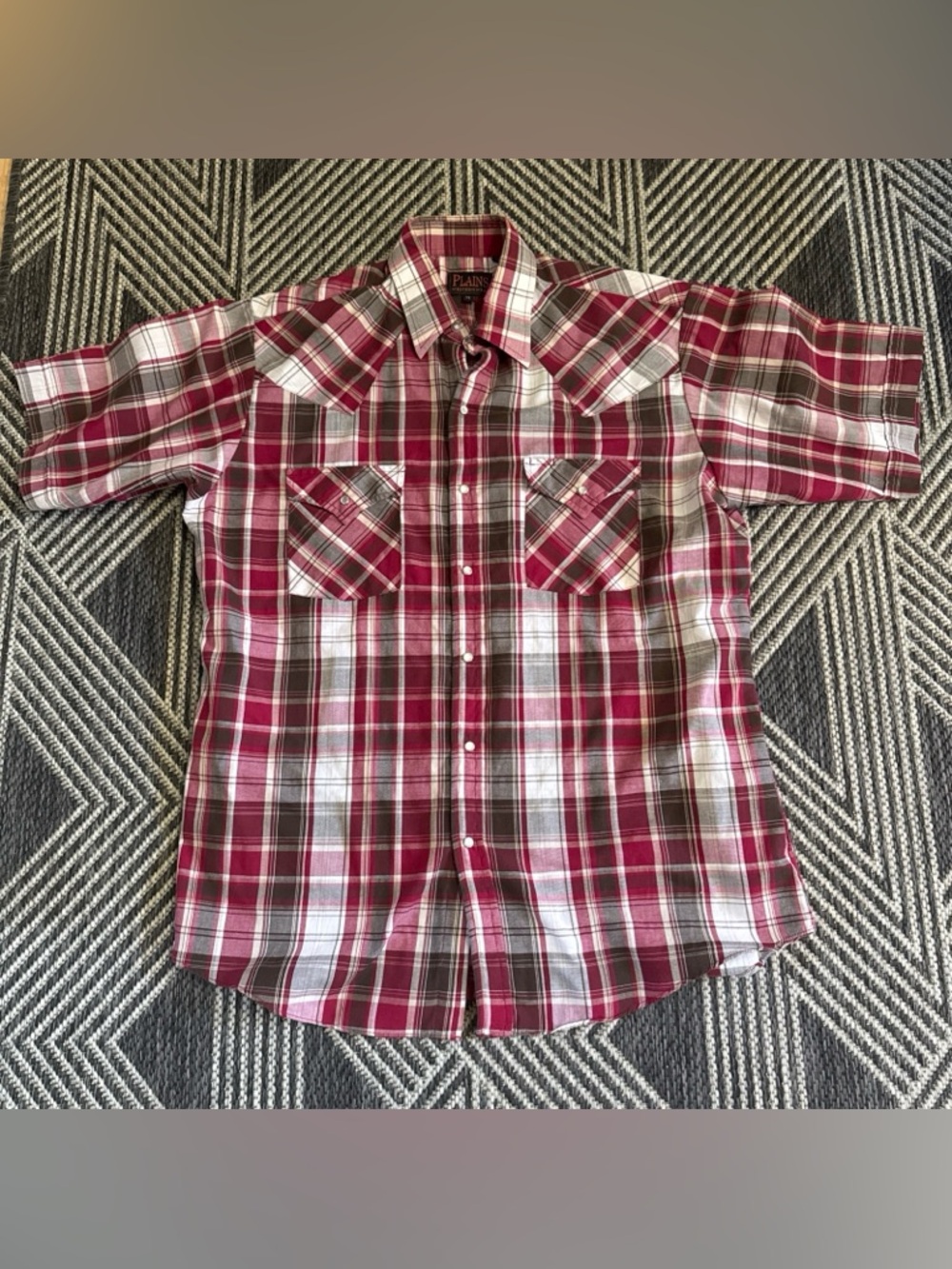 Vintage Plains Western Wear Mens Pearl-Snap Plaid Short Sleeve Shirt Medium